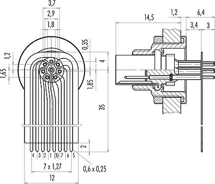 Connection & dimensions M9 Male panel mount connector, Contacts: 8, unshielded, THT, IP67, M12x0.5, Rear mounting, potted