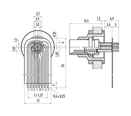 连接和尺寸 M9 针头法兰座, 极数: 8, 非屏蔽, THT, IP67, M12x0.5, 後壁安裝, 模压成型