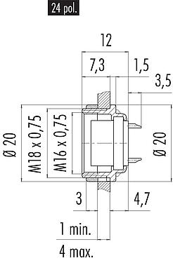 比例图 09 0198 80 24 - 孔头法兰座, 极数: 24, 非屏蔽, 焊接, IP40, 板前固定