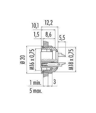 Scale drawing M16 Female panel mount connector, Contacts: 6 (06-a), unshielded, solder, IP67, UL 2238, M18x0,75, Front mounting