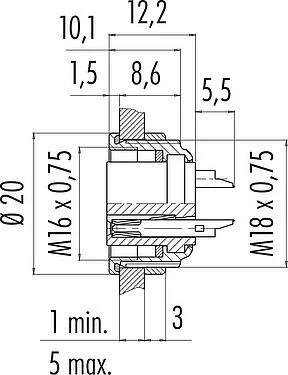 Scale drawing M16 Female panel mount connector, Contacts: 2 (02-a), unshielded, solder, IP67, UL 2238, M18x0,75, Front mounting