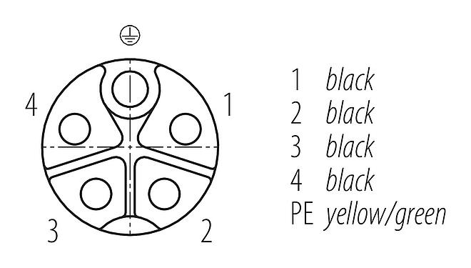 联系安排 (外掛程式側) M12 弯角孔头电缆连接器, 极数: 4+PE, 非屏蔽, 预铸电缆, IP68, UL 2238, PUR, 黑色, 5x2.50mm², 5m