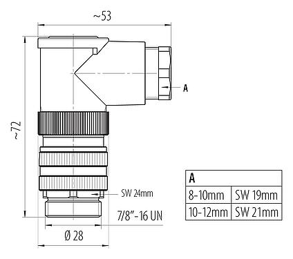 比例图 7/8" 弯角针头电缆连接器, 极数: 2+PE, 8.0-10.0mm, 非屏蔽, 螺钉接线, IP67, UL 2238, VDE