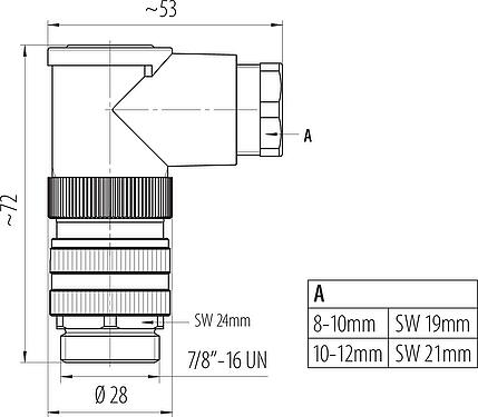 比例图 7/8" 弯角针头电缆连接器, 极数: 4+PE, 8.0-10.0mm, 非屏蔽, 螺钉接线, IP67, UL 2238, VDE