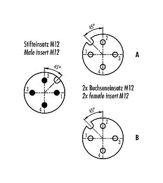 Contact arrangement (Plug-in side) M12 Twin distributors, Y-distributor, male connector - 2 female connector, Contacts: 4, unshielded, pluggable, IP68, UL 2238