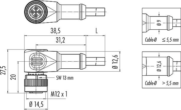 Scale drawing M12 Female angled connector, Contacts: 4, unshielded, moulded on the cable, IP68/IP69K, UL 2238, PVC, grey, 4 x 0.34 mm², 2 m