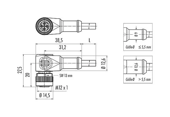 Scale drawing 77 3434 0000 70004-0500 - M12 Female angled connector, Contacts: 4, unshielded, moulded on the cable, IP68, PUR, black, 4 x 0.34 mm², 5 m