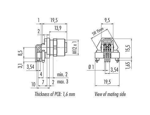 比例图 M12 孔头法兰座, 极数: 5, 可接屏蔽, THR, IP68, UL 2238, M12x1.0, 後壁安裝