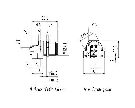 Scale drawing M12 Male panel mount connector, Contacts: 5, shieldable, THR, IP67, UL 2238, M12x1.0, Rear mounting