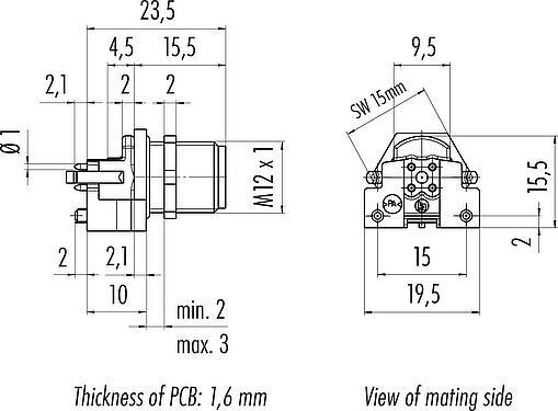 Scale drawing M12 Male panel mount connector, Contacts: 5, shieldable, THR, IP67, UL 2238, M12x1.0, Rear mounting