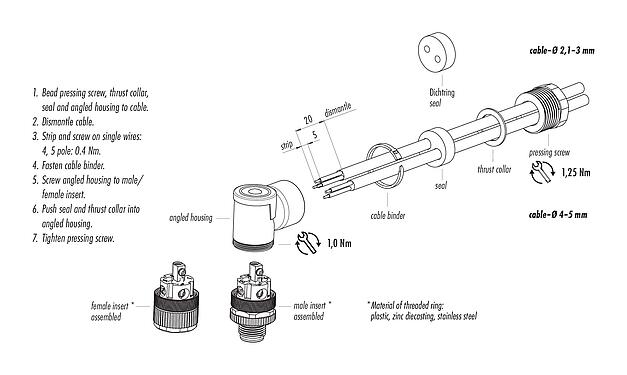 Assembly instructions 99 0430 162 04 - M12 Male duo connector - female angled connector, Contacts: 4, 2x cable Ø Ø 2.1-3.0 mm or  Ø 4.0-5.0 mm, unshielded, screw clamp, IP67