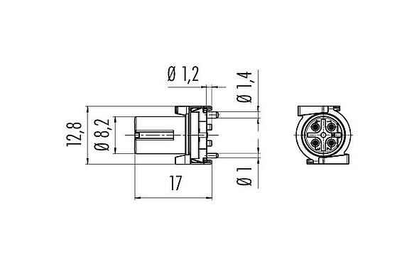 比例图 M12 集成插座, 极数: 4, 可接屏蔽, SMT, IP67