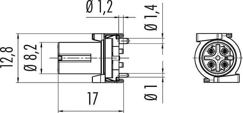 Scale drawing M12 Female receptacle, Contacts: 4, shieldable, SMT, IP67