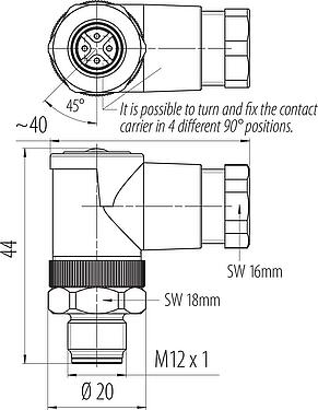 比例图 M12 弯角针头电缆连接器, 极数: 4, 6.0-8.0mm, 非屏蔽, 螺钉接线, IP67, UL 2238
