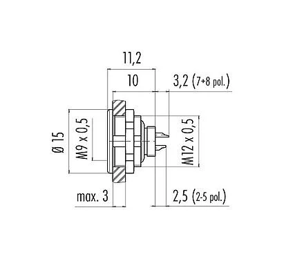 Scale drawing 09 0416 00 05 - M9 Female panel mount connector, Contacts: 5, unshielded, solder, IP67