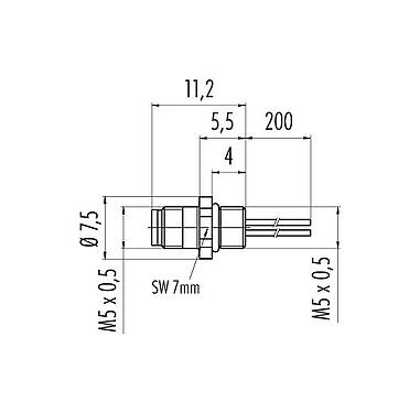 Schaaltekening 09 3105 01 03 - M5 Male panel mount connector, aantal polen: 3, onafgeschermd, draden, IP67
