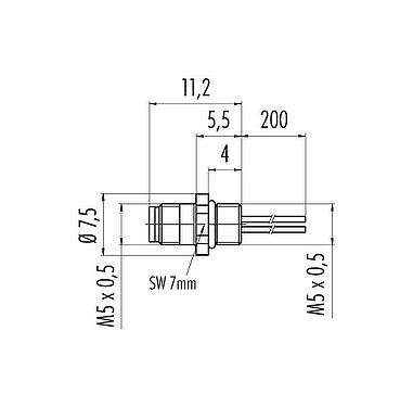 Scale drawing 76 8005 0117 00003-0200 - M5 Male panel mount connector, Contacts: 3, unshielded, single wires, IP67, UL
