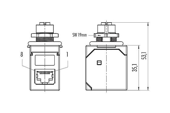 Scale drawing 09 5288 00 08 - M12 Lead-through for control cabinet, female connector – RJ45 angled, Contacts: 8, shielded, pluggable, IP67, UL