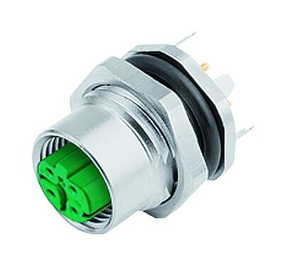 Illustration M12 Female panel mount connector, Contacts: 4, shieldable, THT, IP67, UL 2238, PG 9, Rear mounting, potted