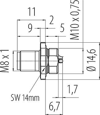比例图 M8 针头法兰座, 极数: 3, 焊接, IP67/IP69K, M10x0.75, 板前安装, 带焊锡杯
