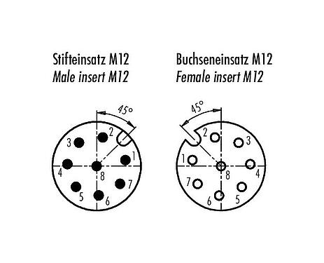 Contact arrangement (Plug-in side) 09 5244 00 08 - M12/M12 Lead-through for control cabinet, Contacts: 8, shielded, pluggable, IP67, M12x1.0