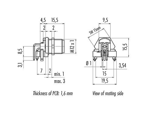 Scale drawing M12 Male angled panel mount connector, Contacts: 4, shieldable, THR, IP68, UL 2238, Rear mounting, for PCB assembly