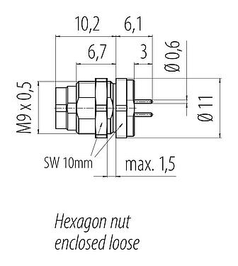 Scale drawing M9 Male panel mount connector, Contacts: 4, unshielded, THT, IP40, M9x0,5, Rear mounting