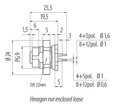 Scale drawing M12 Female panel mount connector, Contacts: 4, unshielded, THT, IP67, UL 2238, PG 9, Rear mounting