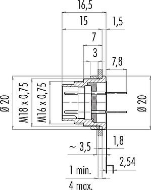 比例图 M16 针头法兰座, 极数: 12 (12-a), 非屏蔽, THT, IP40, M18x0,75, 後壁安裝