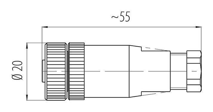 比例图 M12 直头孔头电缆连接器, 极数: 2+PE, 6.0-8.0mm, 非屏蔽, 螺钉接线, IP67, UL