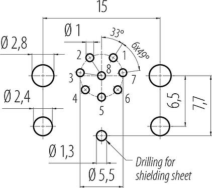 Conductor layout M12 Male panel mount connector, Contacts: 8, shieldable, THR, IP68, UL 2238, M12x1.0, Rear mounting, for PCB assembly