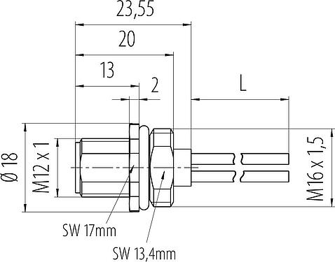 比例图 M12 针头法兰座, 极数: 4, 非屏蔽, 带导线, IP68, UL 2238, M16x1.5, 板前安装