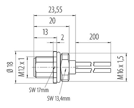 比例图 M12 针头法兰座, 极数: 4, 非屏蔽, 带导线, IP68, UL 2238, M16x1.5, 板前安装