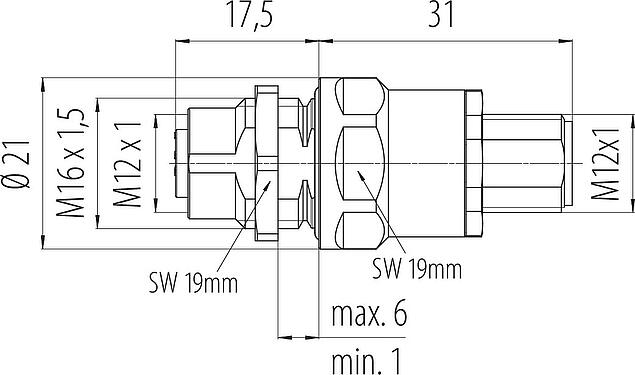 Scale drawing M12 Lead-through for control cabinet, Contacts: 5, shielded, pluggable, IP67, UL 2238, M12x1.0, Rear mounting