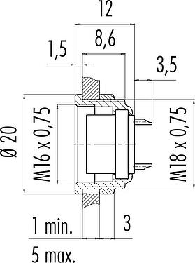 比例图 M16 孔头法兰座, 极数: 24, 非屏蔽, 焊接, IP40, M18x0,75, 板前安装