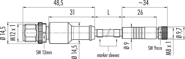 Scale drawing M12/M8 Male cable connector - female cable connector, Contacts: 3, unshielded, moulded on the cable, IP67/IP69K, UL 2238, PUR, black, 3 x 0.34 mm², 2 m