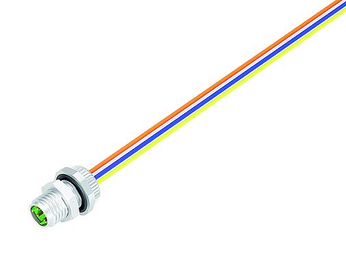 插图 M8 针头法兰座, 极数: 4, 非屏蔽, 带导线, IP67, M8x1.0, 後壁安裝