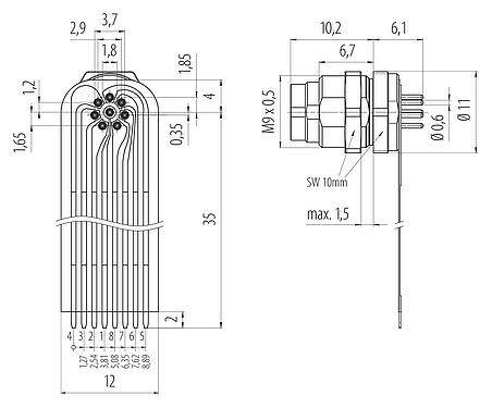 Connection & dimensions M9 Male panel mount connector, Contacts: 8, unshielded, THT, IP40, M9x0,5, Rear mounting