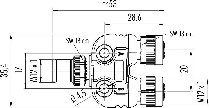 Scale drawing M12 Twin distributors, Y-distributor, male connector - 2 female connector, Contacts: 4/3, unshielded, pluggable, IP68, UL 2238, with LED PNP
