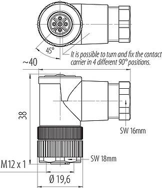 Scale drawing M12 Female angled connector, Contacts: 4, 6.0-8.0 mm, unshielded, screw clamp, IP67, UL 2238, PG 9