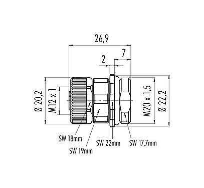 比例图 M12 孔头法兰座, 极数: 5, 非屏蔽, 螺钉接线, IP67, UL 2238, VDE, M20x1.5, 板前安装