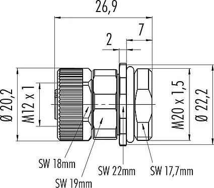比例图 M12 孔头法兰座, 极数: 8, 非屏蔽, 螺钉接线, IP68, UL 2238, M20x1.5, 板前安装