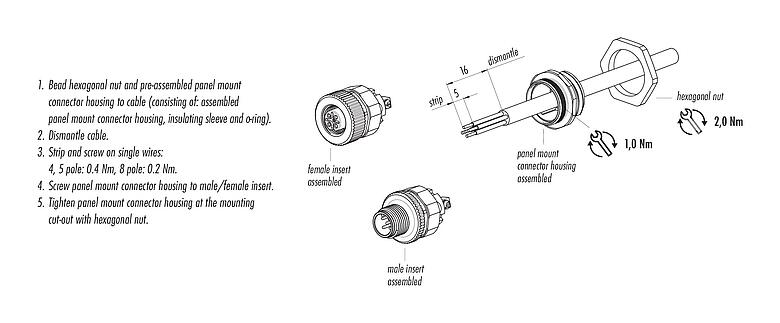 Assembly instructions 86 0431 0003 00005 - M12 Male panel mount connector, Contacts: 5, unshielded, screw clamp, IP67, UL, VDE, M20x1.5