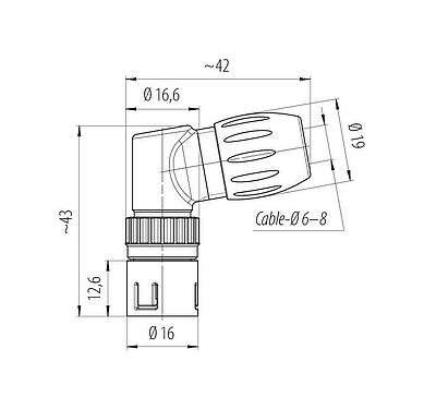 Scale drawing Snap-In Male angled connector, Contacts: 5, 6.0-8.0 mm, unshielded, solder, IP67