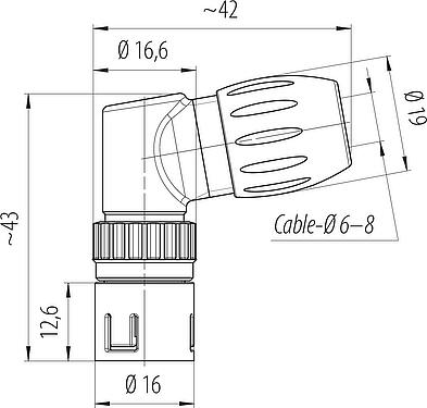 比例图 Snap-in 快插 弯角针头电缆连接器, 极数: 8, 6.0-8.0mm, 非屏蔽, 焊接, IP67