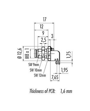 比例图 M8 针头法兰座, 极数: 5, 可接屏蔽, THT, IP67, UL 2238, M8x1.0, 後壁安裝, 模压成型