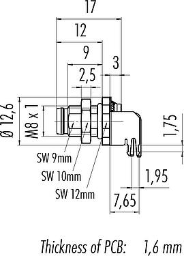 Scale drawing M8 Male panel mount connector, Contacts: 8, shieldable, THT, IP67, UL 2238, M8x1.0, Rear mounting, potted