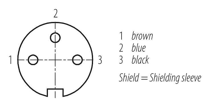 Contact arrangement (Plug-in side) M16 Female angled connector, Contacts: 3, shielded, moulded on the cable, IP67, PUR, black, 3 x 0.34 mm², 5 m