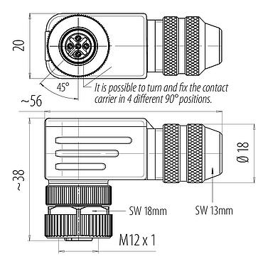 比例图 M12 弯角孔头电缆连接器, 极数: 4, 6.0-8.0mm, 可接屏蔽, 螺钉接线, IP67, UL 2238, 带防护环