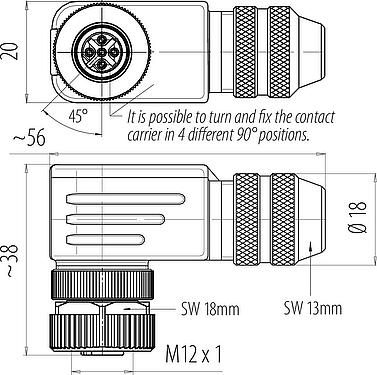 Scale drawing M12 Female angled connector, Contacts: 4, 6.0-8.0 mm, shieldable, screw clamp, IP67, UL 2238, with shielding ring